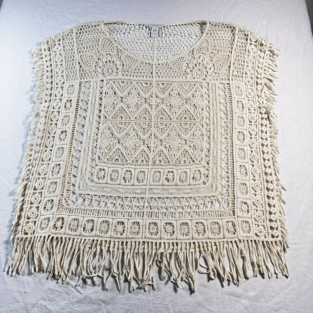 Chico Crochet Top Poncho Cream S/M Cream Off White Fringe Boho Bohemian